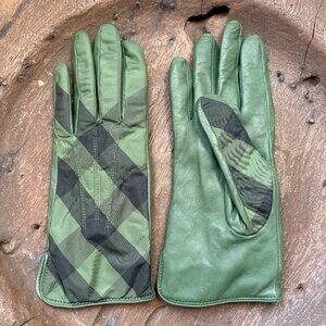Burberry check green leather cashmere women's gloves size 7